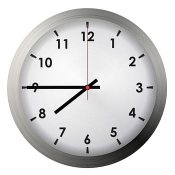 Analog metal wall clock isolated on white background.