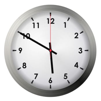 Analog metal wall clock isolated on white background.