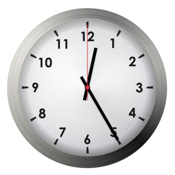 Analog metal wall clock isolated on white background.
