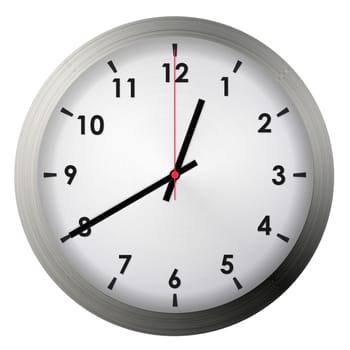 Analog metal wall clock isolated on white background.