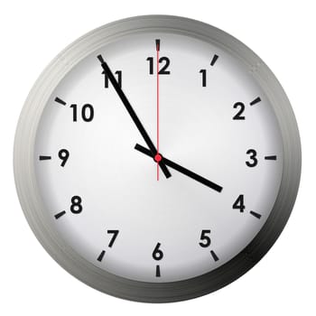 Analog metal wall clock isolated on white background.