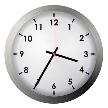 Analog metal wall clock isolated on white background.