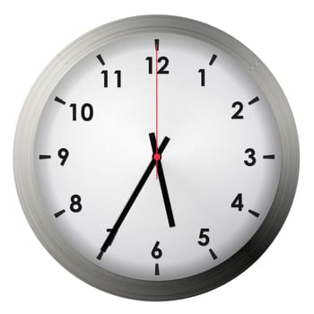 Analog metal wall clock isolated on white background.