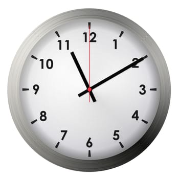Analog metal wall clock isolated on white background.