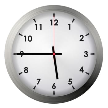 Analog metal wall clock isolated on white background.