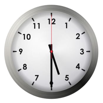 Analog metal wall clock isolated on white background.