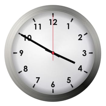 Analog metal wall clock isolated on white background.