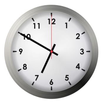 Analog metal wall clock isolated on white background.