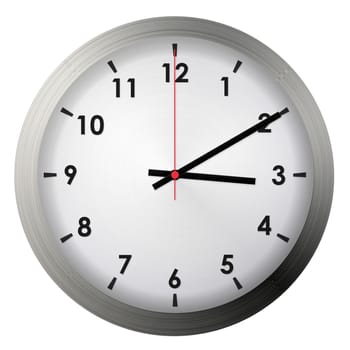 Analog metal wall clock isolated on white background.