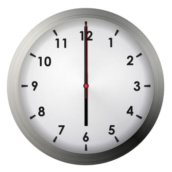 Analog metal wall clock isolated on white background.