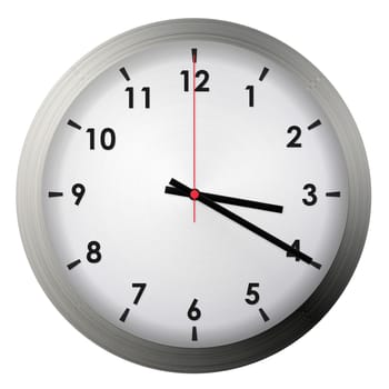 Analog metal wall clock isolated on white background.