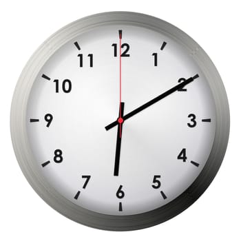 Analog metal wall clock isolated on white background.