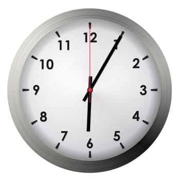 Analog metal wall clock isolated on white background.