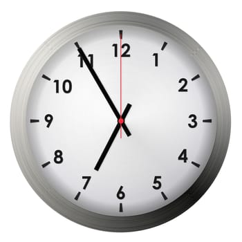 Analog metal wall clock isolated on white background.