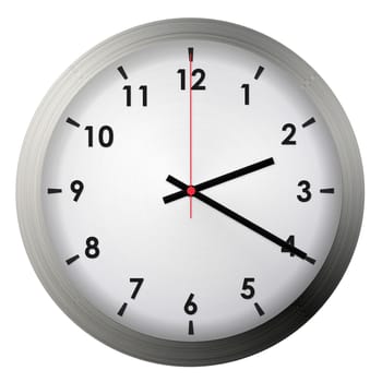 Analog metal wall clock isolated on white background.