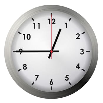 Analog metal wall clock isolated on white background.