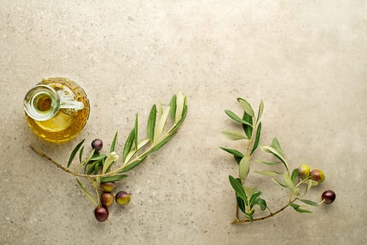Bottle of olive oil and Branch with olives and leaves background close up. Healthy olive oil concept