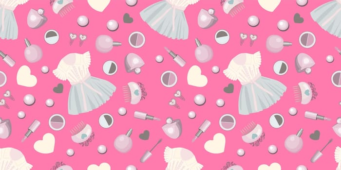 For princess. Seamless pattern with dress, cosmetics and accessories for girls, hairpins. Perfect design for fabric and textile, wrapping paper and wallpaper for walls. Vector pattern.