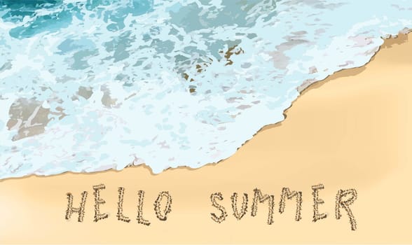Hello summer. Realistic ocean waves and beach. Horizontal banner for advertising and summer discounts. Poster of a resort or recreation center. Sea foam.