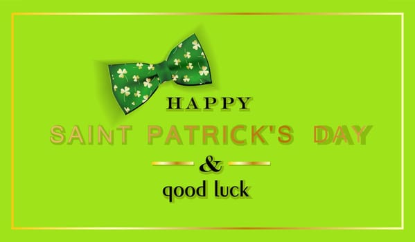 St. Patrick's Day banner. March 17 background design with realistic bow tie, golden 3d render shine gold shamrock and confetti, baubles. Horizontal poster, postcard, website headers.