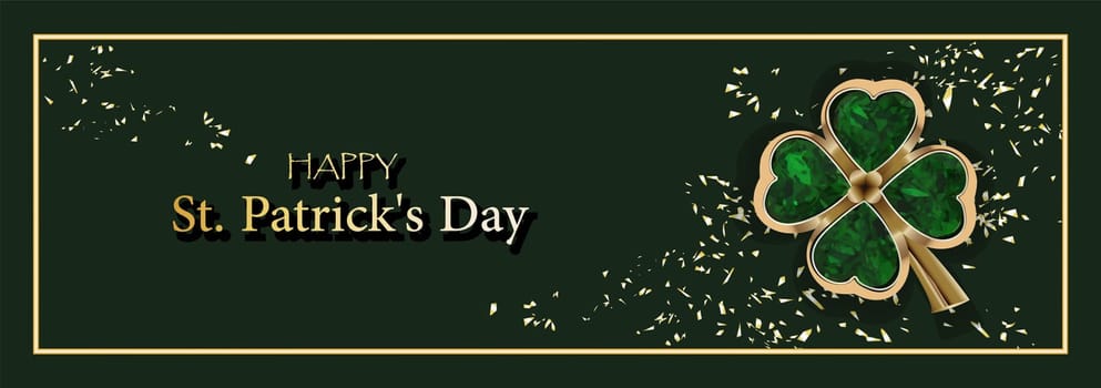 CLOVER SHEET on a green background. JEWELERY. Golden clover. Chic postcard for Saint Patricks Day. Horizontal format.