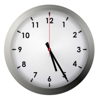 Analog metal wall clock isolated on white background.
