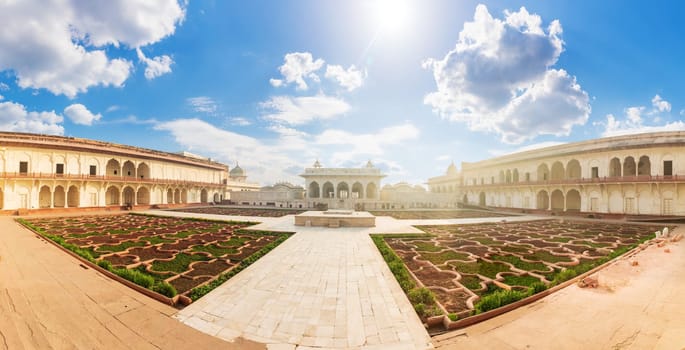Agra Fort, Anguri Bagh garden panorama, India.