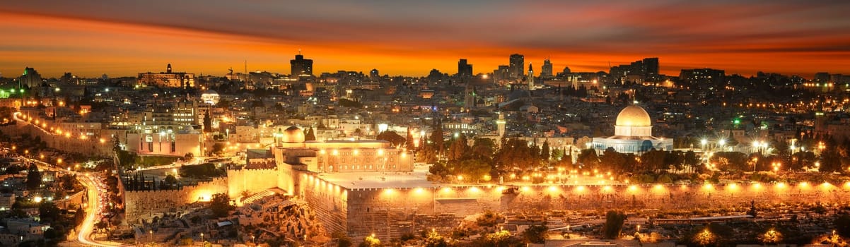 View to Jerusalem old city at sunset. Israel