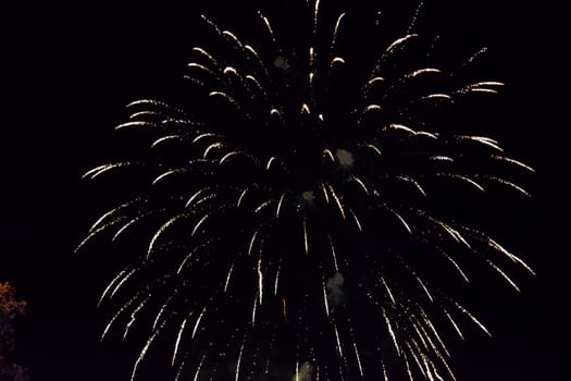 Festive salute in the night sky. Explosions of fireworks and pyrotechnics in the sky.