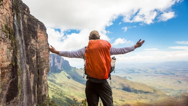 Man with open arms. Mount Roraima, Venezuela.