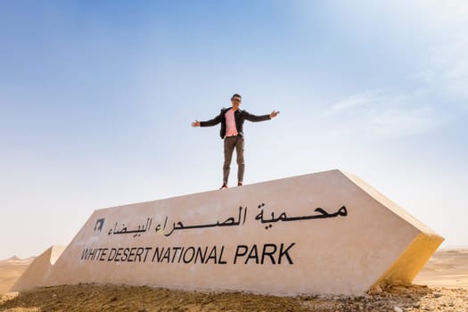 Man with open arms in the White Desert, Egypt.