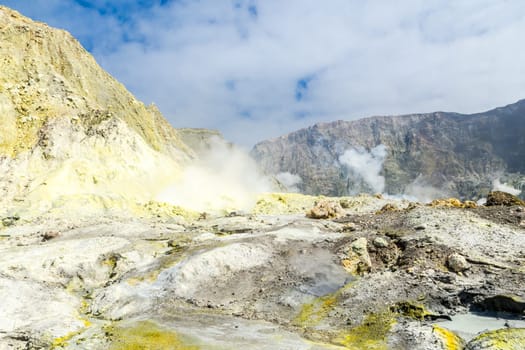Active Volcano at White Island New Zealand. Volcanic Sulfur Crater Lake