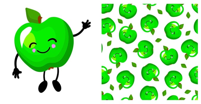 Green apple character. Cute funny apple. Fruit seamless vector pattern. Bright colors.