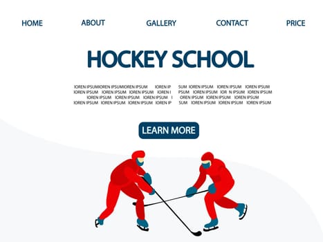 Hockey school. Landing Page. Men play hockey. Winter sport .Vector illustration.