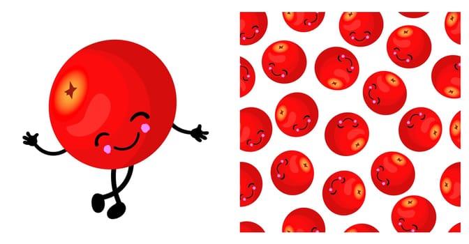 CRANBERRY character. Cute funny yellow berry. Berry seamless vector pattern. Bright colors.