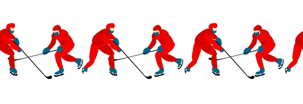 HOCKEY SCHOOL. People play hockey. Winter sports. Skates and clubs. Seamless border vector illustration.