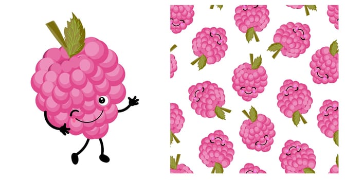 Raspberry character. Cute funny berry. Berry seamless vector pattern. Bright colors.