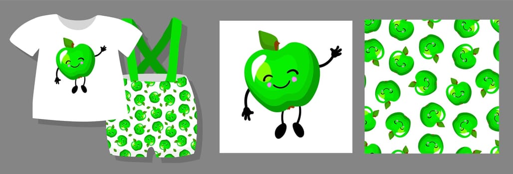 Funny print for baby clothes. Cute pattern with apples. T-shirt design. Vector illustration.Ready textile design kit.