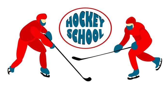Hockey players play on the ice. Winter sports. Red helmets. Vector illustration.