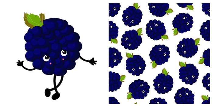 BLACKBERRY character. Cute funny berry. Berry seamless vector pattern. Bright colors.