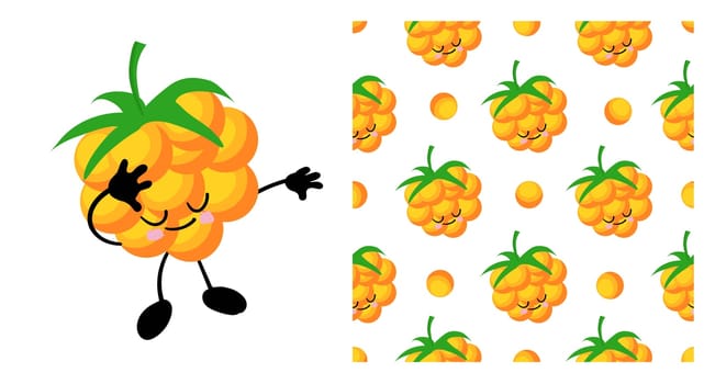 Berries pattern. yellow ripe cloudberry. Vector illustration. Design of children's textiles.