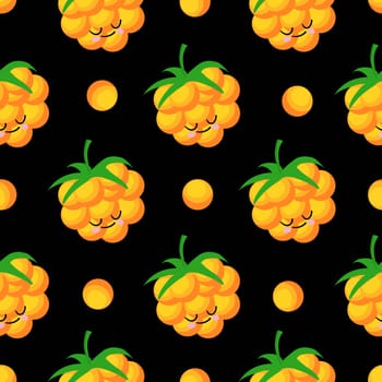 Funny print for baby clothes. Cute pattern with berries. Cloudberry. Vector illustration. Berry character.