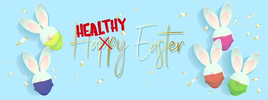 Easter banner or greeting card. Have a healthy and happy easter. Rabbits in a medical mask. Horizontal banner and header for web site. Realistic vector illustration.