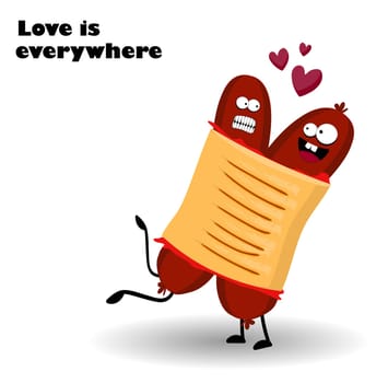 Postcard or poster fast food, street food.French hot dog character. Sausage in a bun. Funny fast food with eyes. Vector illustration. Love. Hug characters.