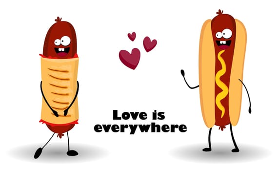 Funny hot dog. Hot dog. Cute fast food vector character set isolated on white.