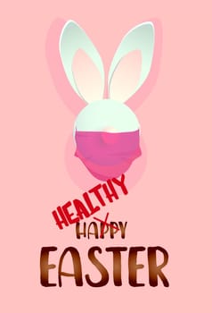 Easter banner or greeting card. Have a healthy and happy easter. Rabbits in a medical mask. vertical banner. Realistic vector illustration.
