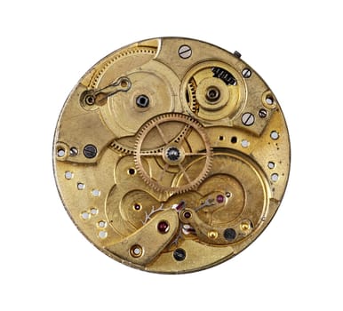 Detail of the clockwork mechanism on white background