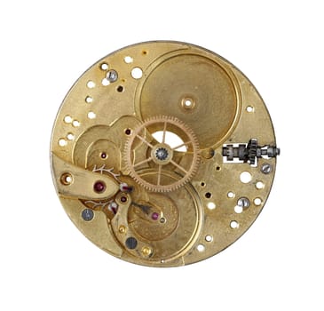 Detail of the clockwork mechanism on white background