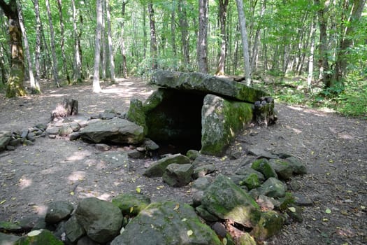 Dolmen in Shapsug. Forest in the city near the village of Shapsugskaya, the sights are dolmens and ruins of ancient civilization.