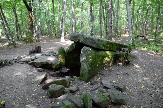 Dolmen in Shapsug. Forest in the city near the village of Shapsugskaya, the sights are dolmens and ruins of ancient civilization.